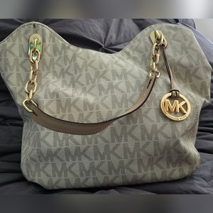 Michael Kors Cream Tote With Gold Chainlink And Canvas Shoulder Strap Monogram
